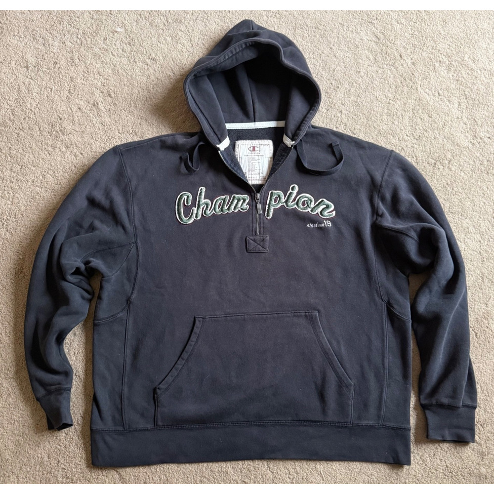 Vintage Champion Reverse Weave Hoodie 1/4 Zip Embroidered Logo Black XL RARE